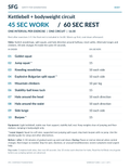 Actual one-page SFG Body workout card: ten exercises, 45 seconds of work and 60 seconds of rest; read the full technique guide before use.