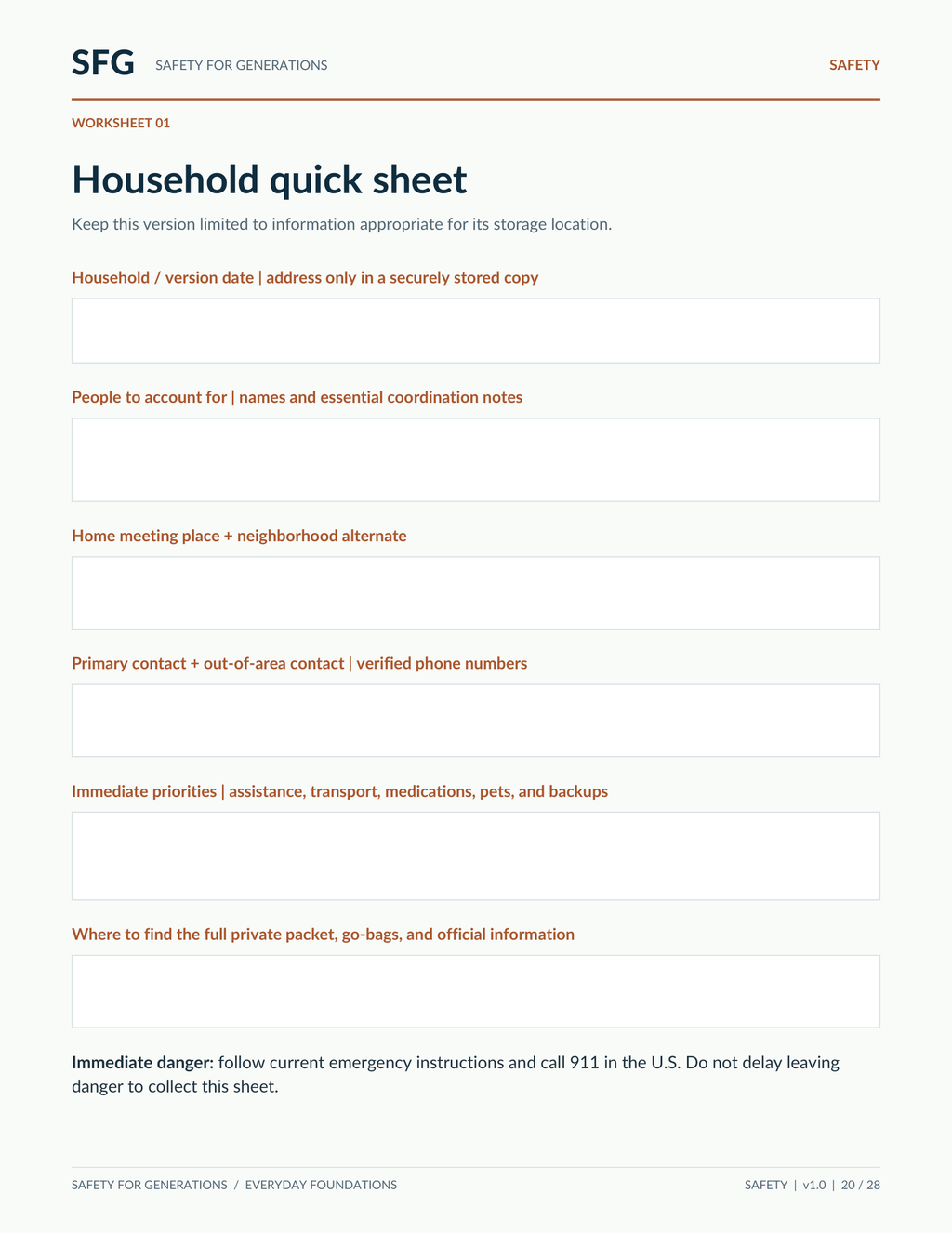 Actual page 20 of the 28-page Household Ready Plan PDF: blank household quick sheet for contacts, meeting places, priorities and where to find supplies.