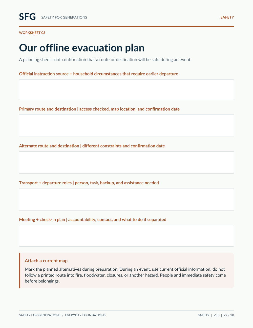Actual page 22 of the Household Ready Plan PDF: blank offline evacuation worksheet for official instructions, routes, destinations, roles and check-ins.
