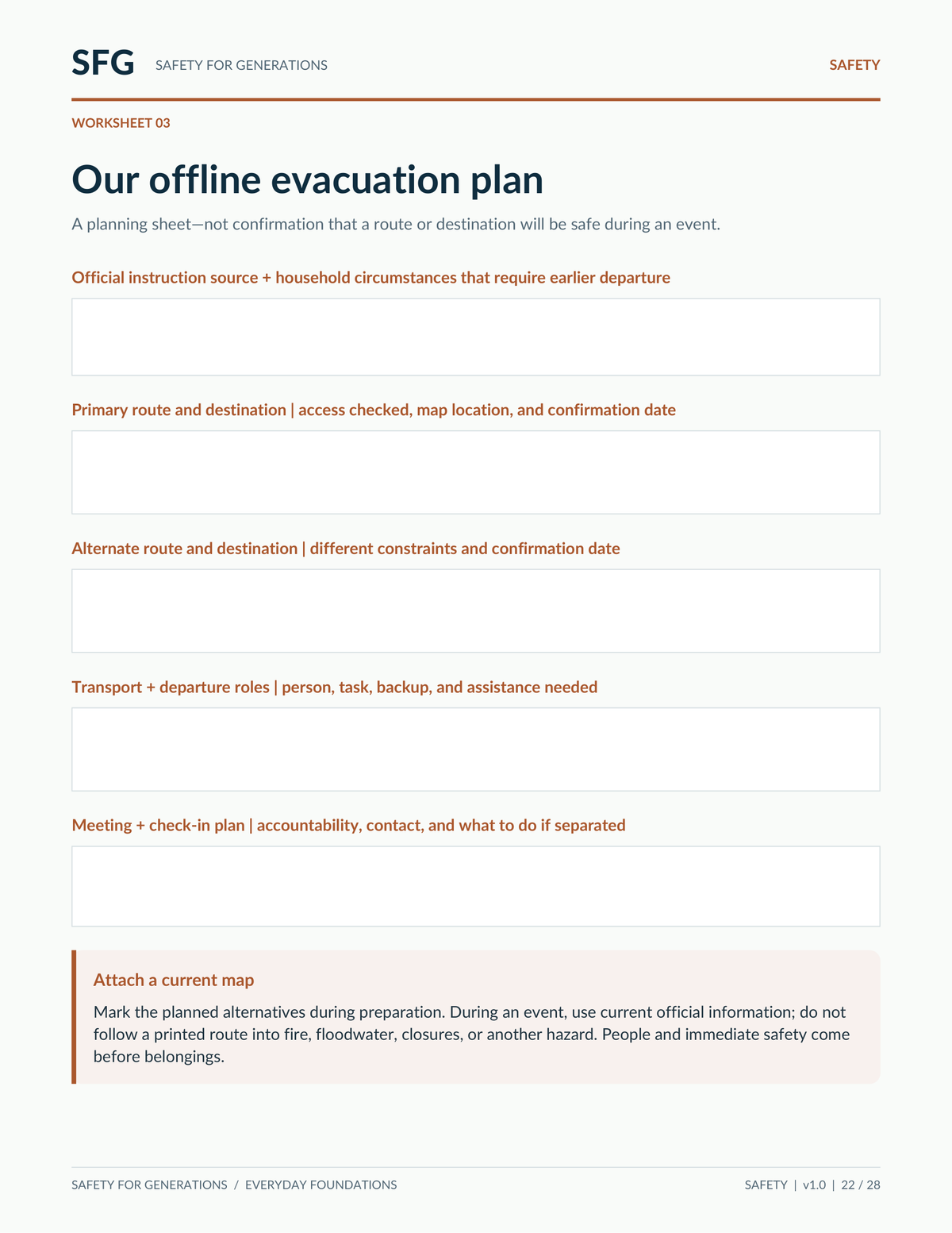 Actual page 22 of the Household Ready Plan PDF: blank offline evacuation worksheet for official instructions, routes, destinations, roles and check-ins.
