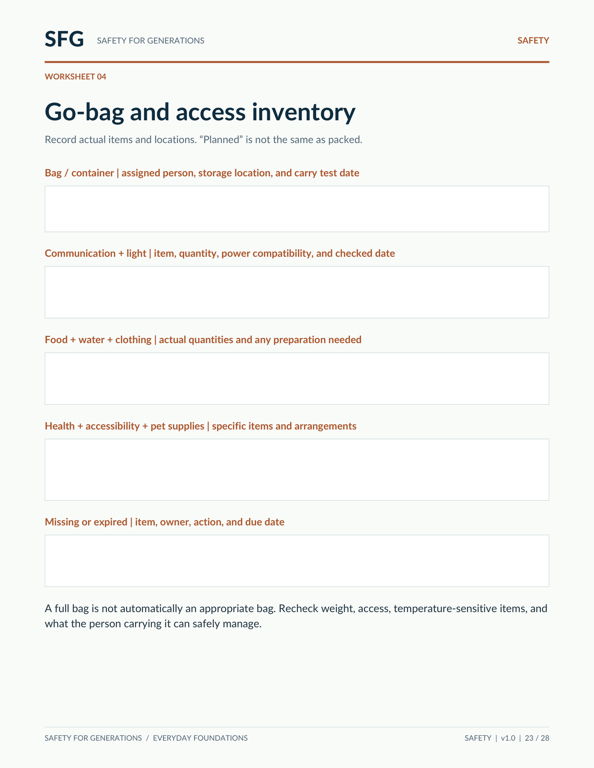 Actual page 23 of the Household Ready Plan PDF: blank go-bag and access inventory for items, quantities, locations, personal needs and missing supplies.