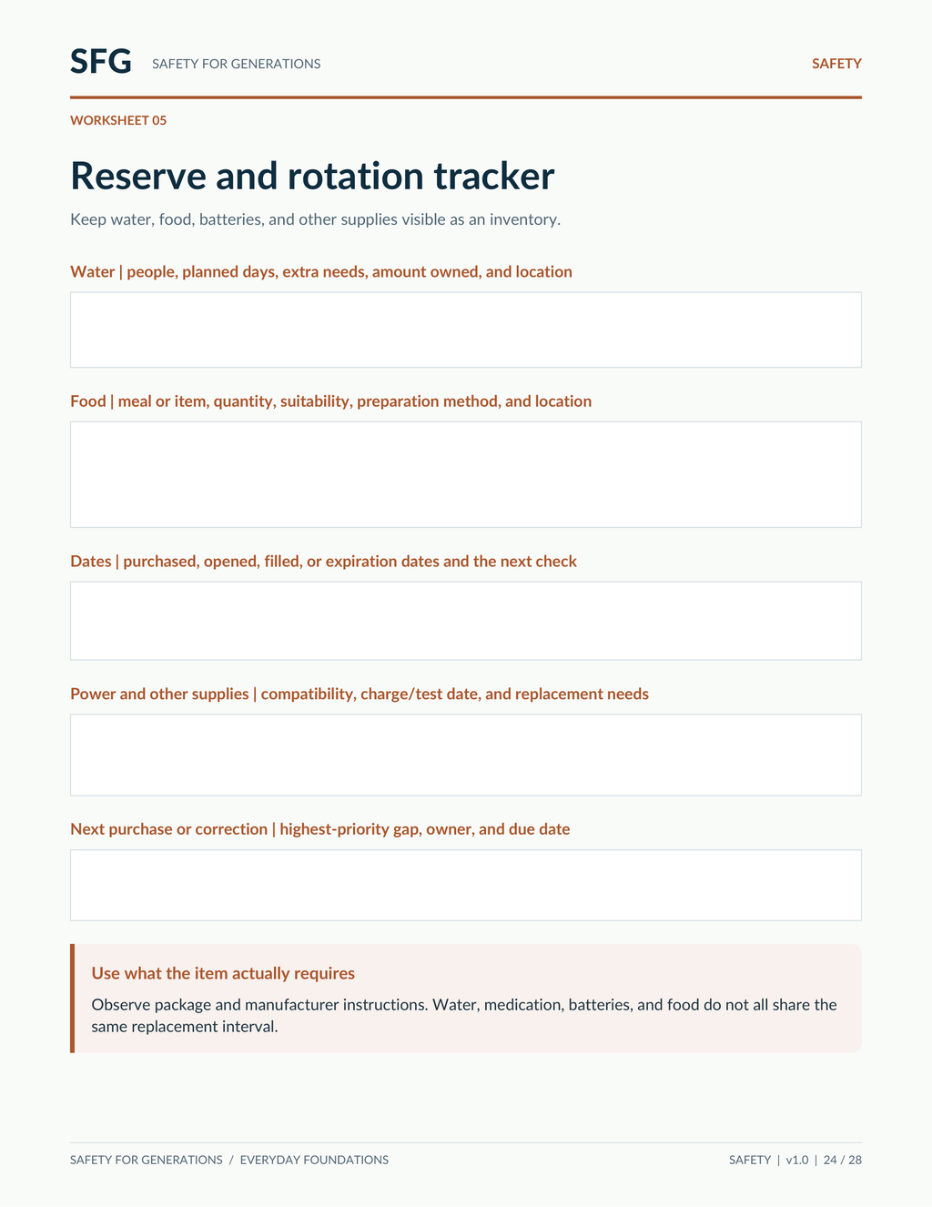 Actual page 24 of the Household Ready Plan PDF: blank reserve and rotation tracker for water, food, dates, power supplies and next actions.